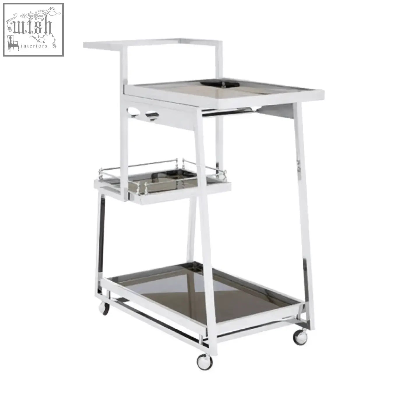 Novo 3 tier silver finish trolley with chrome finish, three glass shelves, and four caster wheels for easy mobility