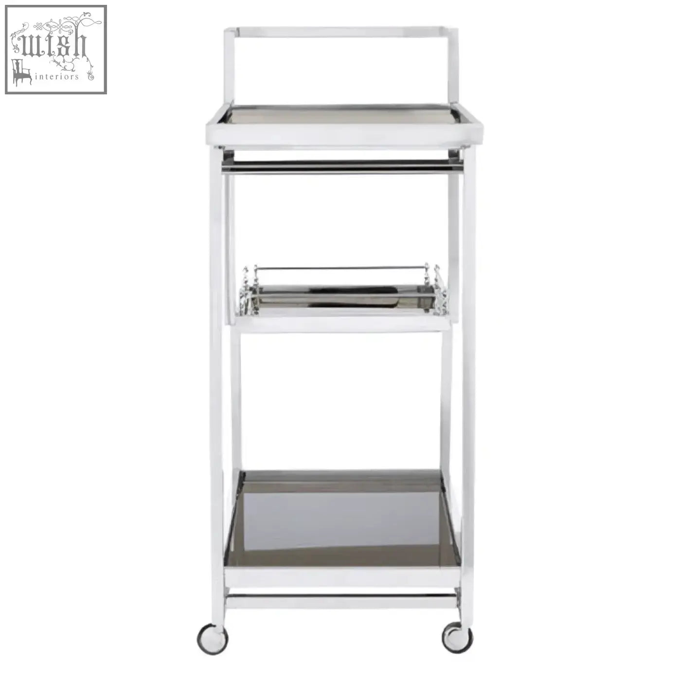 Novo 3 tier silver finish trolley with chrome metal frame and sleek modern design is a durable silver finish trolley