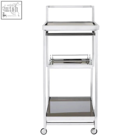 Novo 3 tier silver finish trolley with chrome metal frame and sleek modern design is a durable silver finish trolley