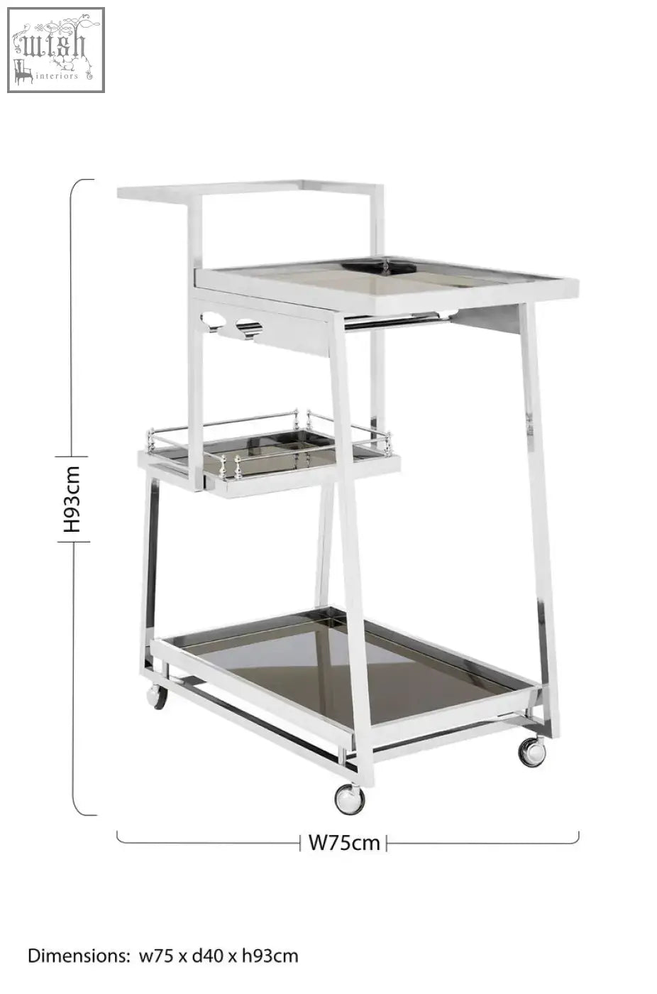 Modern chrome finished novo 3 tier silver finish trolley with casters for easy serving and storage