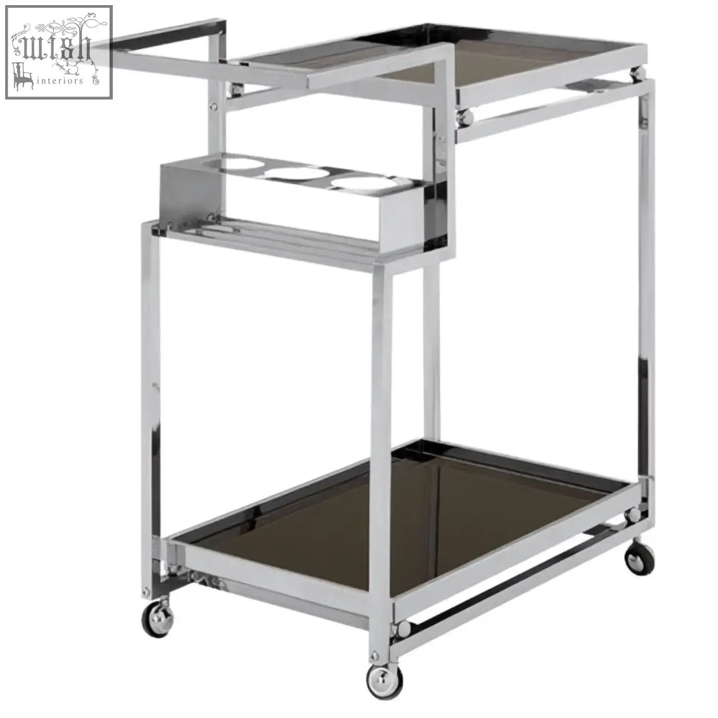 Novo 3 tier trolley with silver finish frame featuring chrome finish, glass shelves, and wheels for easy mobility