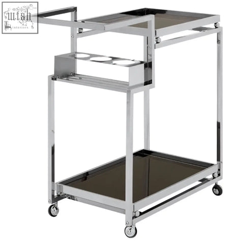 Novo 3 tier trolley with silver finish frame featuring chrome finish, glass shelves, and wheels for easy mobility