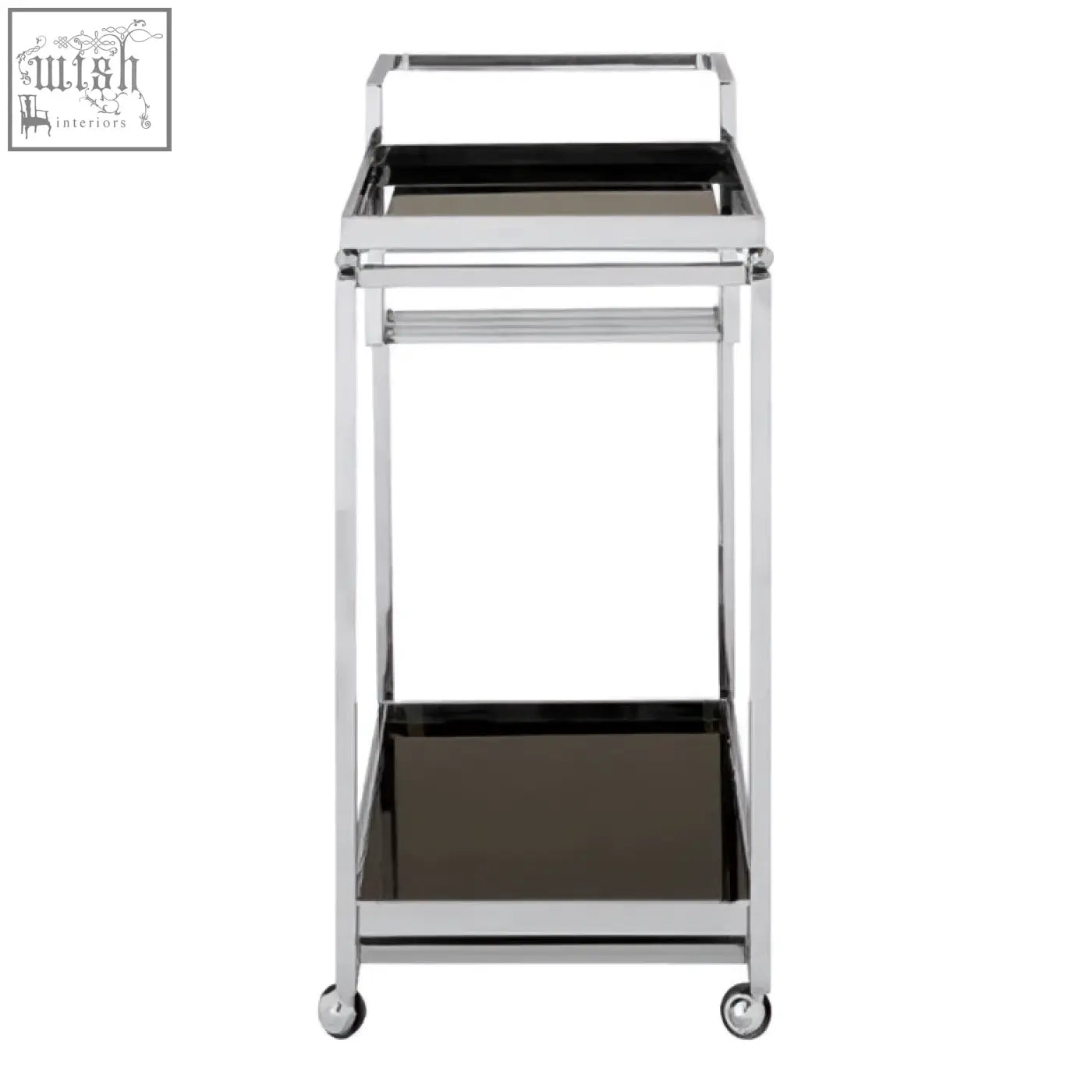 Novo 3 tier trolley with silver finish frame featuring chrome finish, two black glass shelves, and four caster wheels