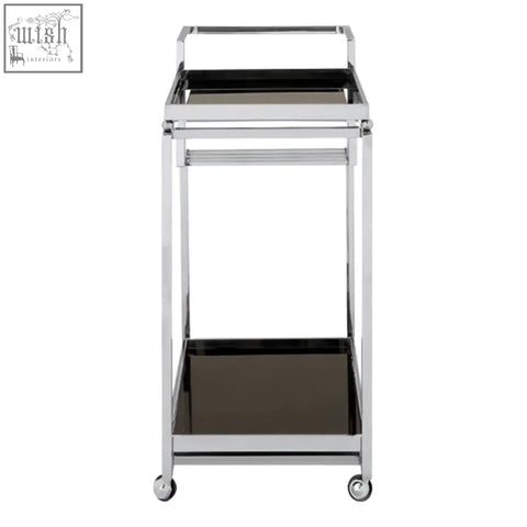 Novo 3 tier trolley with silver finish frame featuring chrome finish, two black glass shelves, and four caster wheels