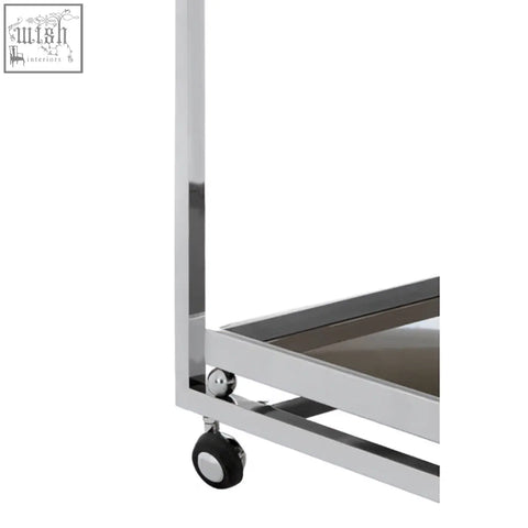 Chrome finished metal Novo 3 tier trolley with black rubber caster wheels and silver finish frame for easy storage