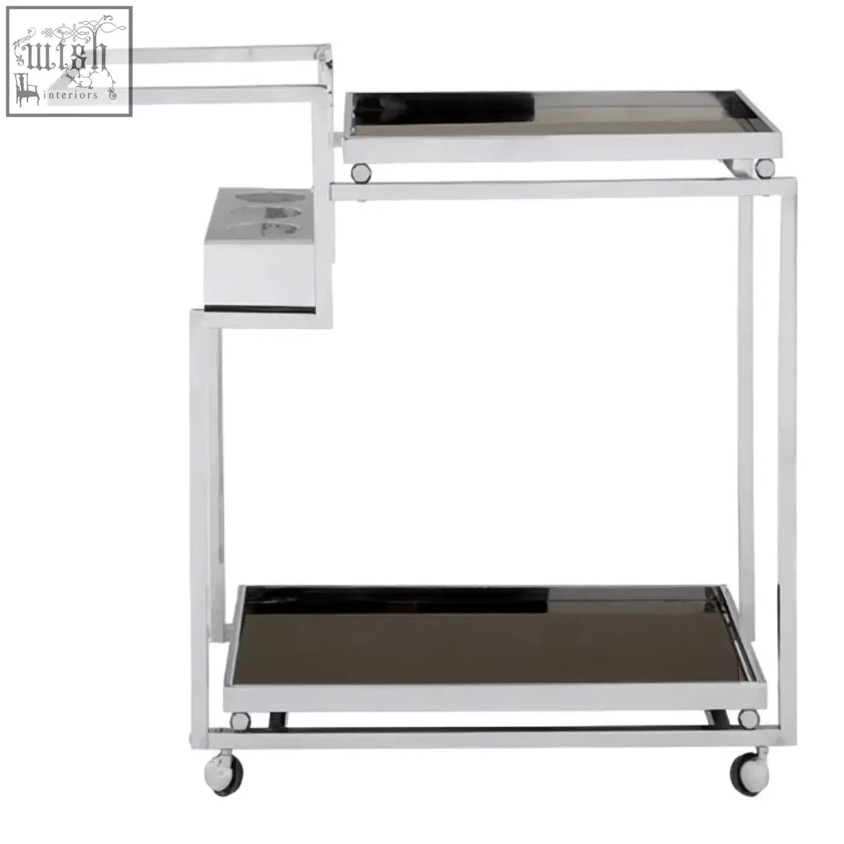 Modern chrome-finished novo 3 tier trolley with sleek glass shelves and a silver finish frame design