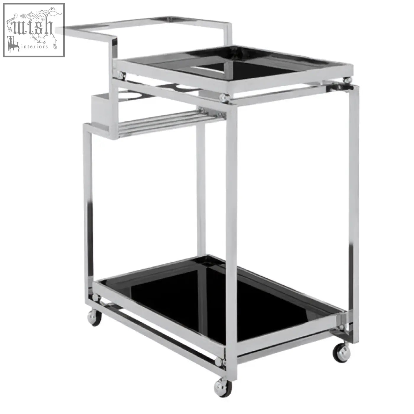 Novo 3 tier trolley with silver finish frame featuring chrome finish, two black glass shelves, and matching handle