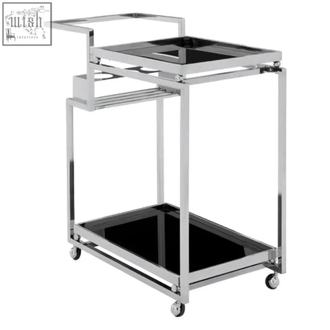 Novo 3 tier trolley with silver finish frame featuring chrome finish, two black glass shelves, and matching handle