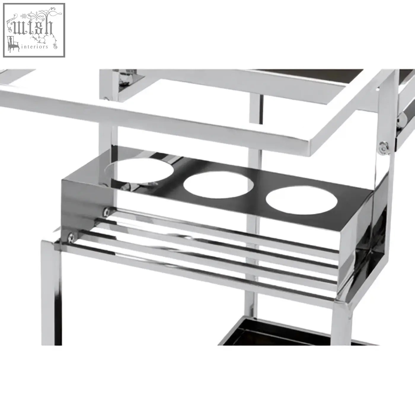 Novo 3 tier trolley with silver finish frame featuring chrome metal and three circular cutouts on the lower shelf