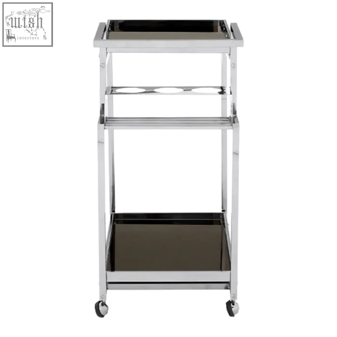 Novo 3 tier trolley with silver finish frame featuring three black glass tiers and a sturdy chrome metal frame
