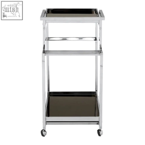 Novo 3 tier trolley with silver finish frame featuring three black glass tiers and a sturdy chrome metal frame
