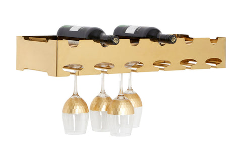 Novo 6 bottle rose gold finish wine rack with gold metal frame bottle holders and hanging glassware slots