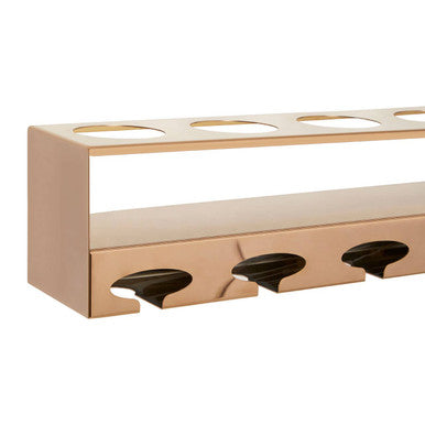 Novo 6 bottle rose gold finish wine rack with rose gold metal holder featuring five circular cutouts and three slots below
