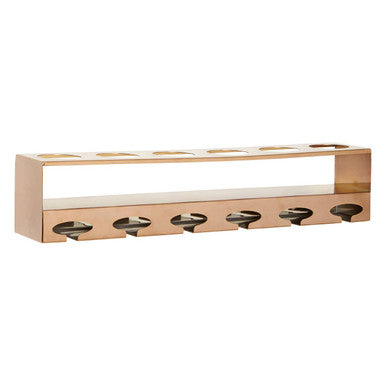 Rose gold metal wine rack with six circular bottle slots and a rose gold finish for stylish storage
