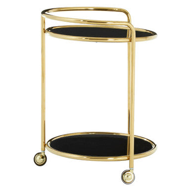 Gold finish trolley with two round gold finish black glass shelves and four small wheels for easy moving