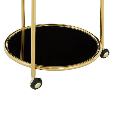 Novo round gold finish trolley is a gold finish metal serving cart with a black mirrored tray and caster wheels