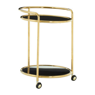 Novo round gold finish trolley with gold finish metal frame and two black glass shelves on caster wheels