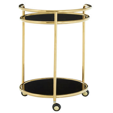 Gold finish trolley with round gold frame metal bar cart featuring two black glass shelves and caster wheels