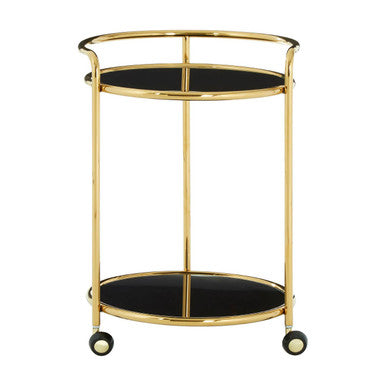 Gold finish trolley with round gold metal frame two black glass shelves and four caster wheels for easy movement