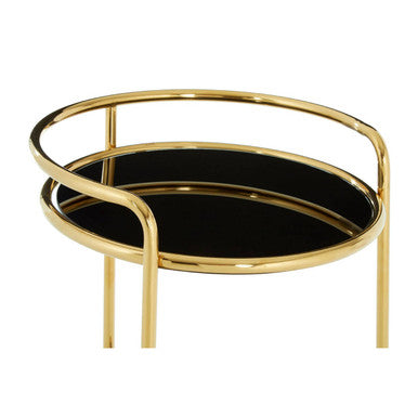 Novo round gold finish trolley with gold-toned metal frame and sleek black glass top as elegant serving tray