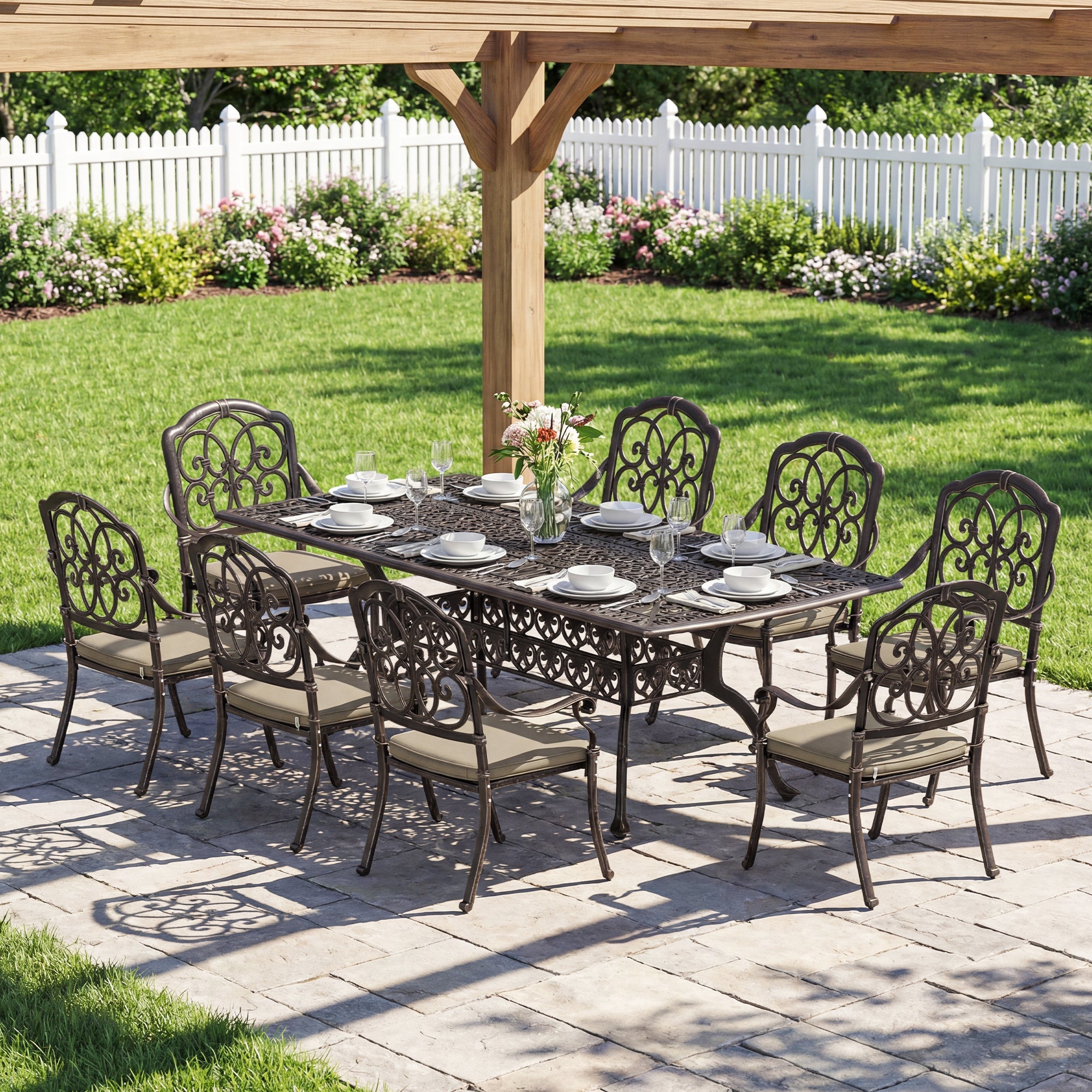 Outsunny 9 Piece Cast Aluminium Garden Dining Set, Garden Table and Chairs Set with Cushions, Parasol Hole for Patio, Bronze Tone