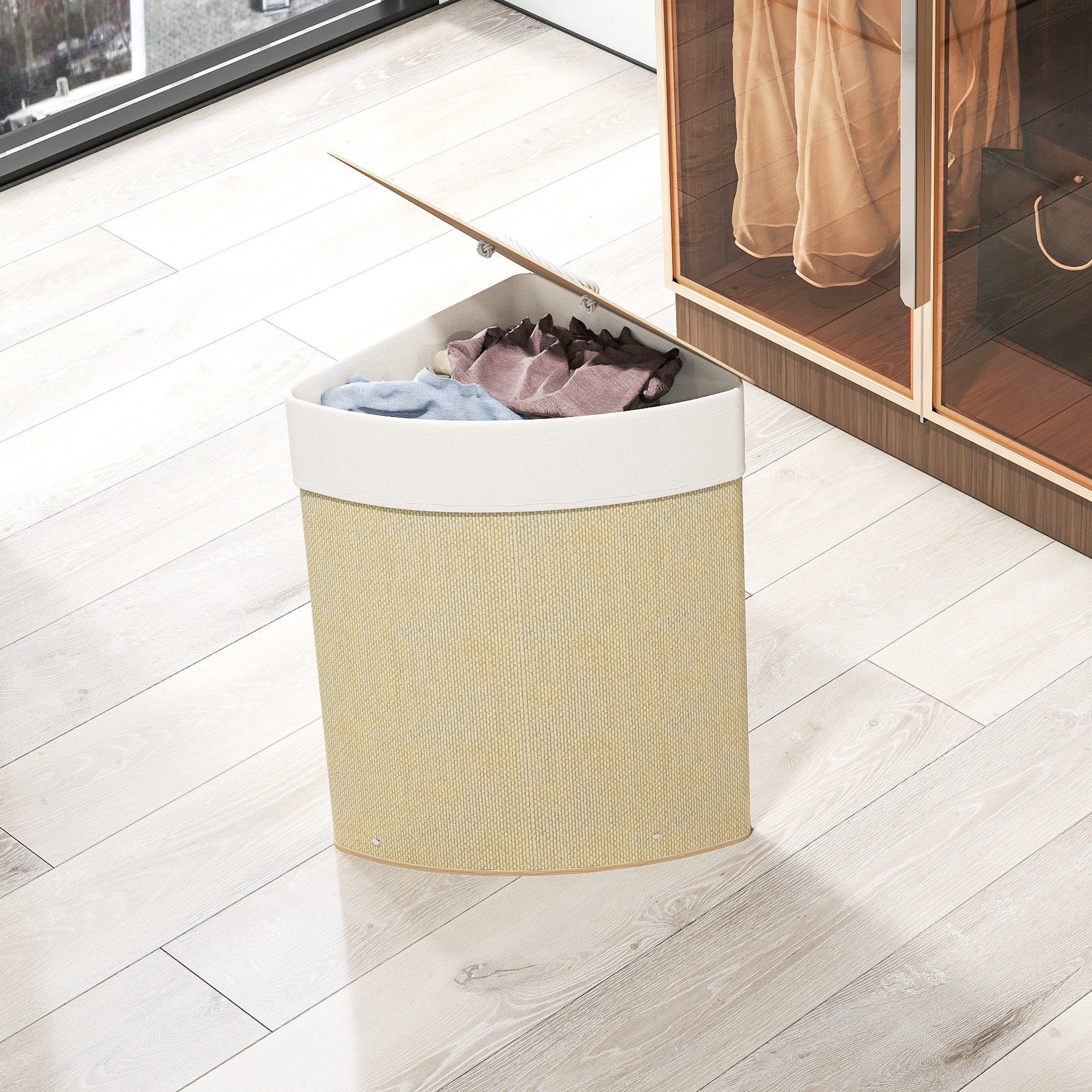 HOMCOM Bamboo Laundry Basket with Lid, 55L Corner Laundry Hamper with Removable Washable Liner Bag, Bathroom Triangle Washing Basket, 35 x 35 x 60 cm, Nature Wood Finish