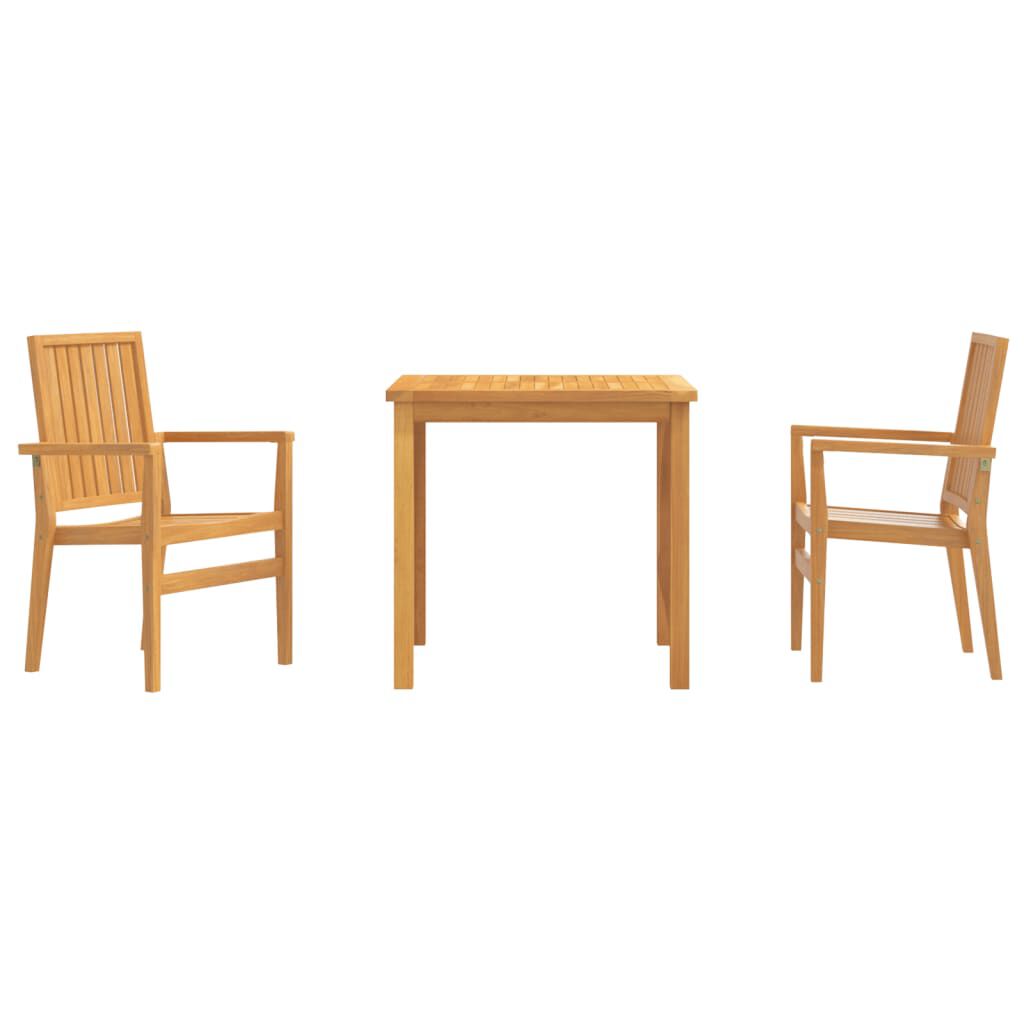 Light brown teak wood garden dining set with square table and two armchairs featuring slatted backs
