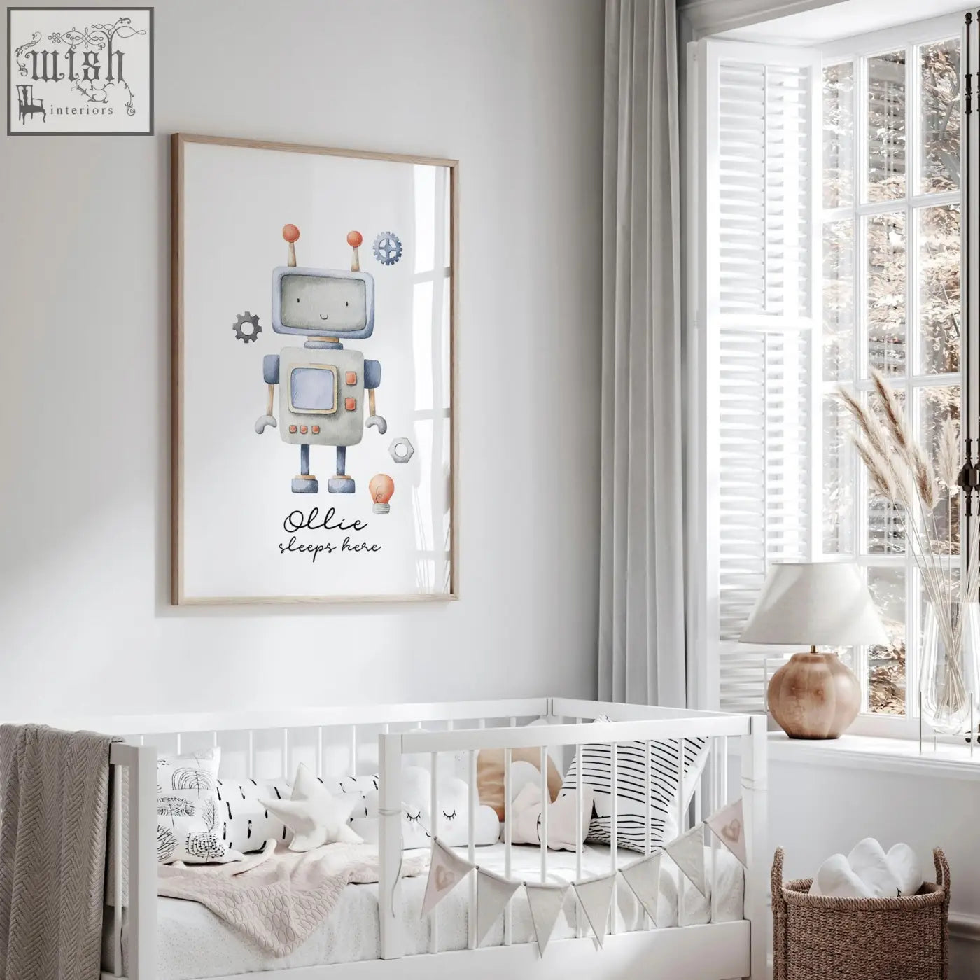 A framed light gray robot art print with orange antennae and gears as nursery room wall art print