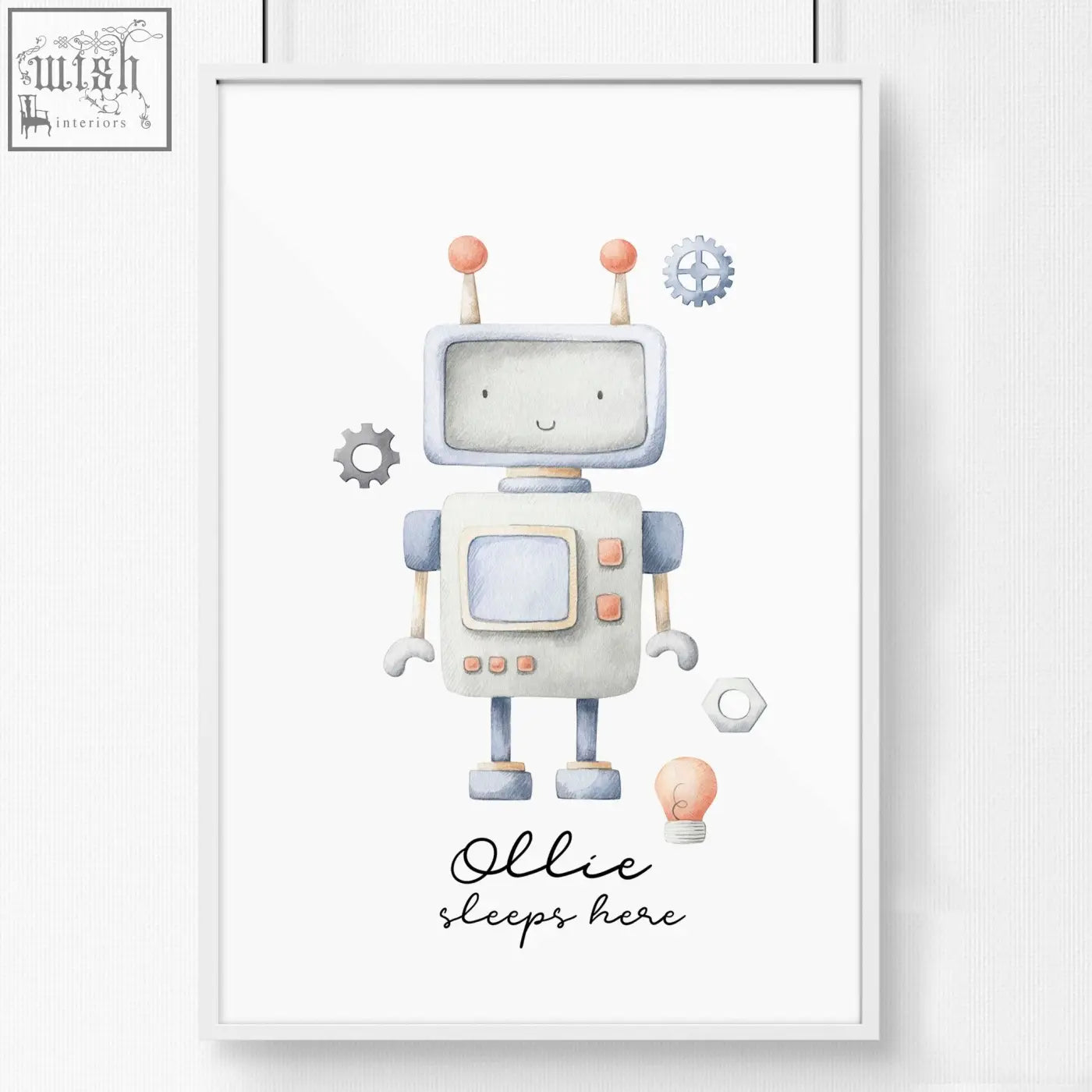 A charming nursery room wall art print featuring a friendly gray and peach robot with gears and a bulb around it
