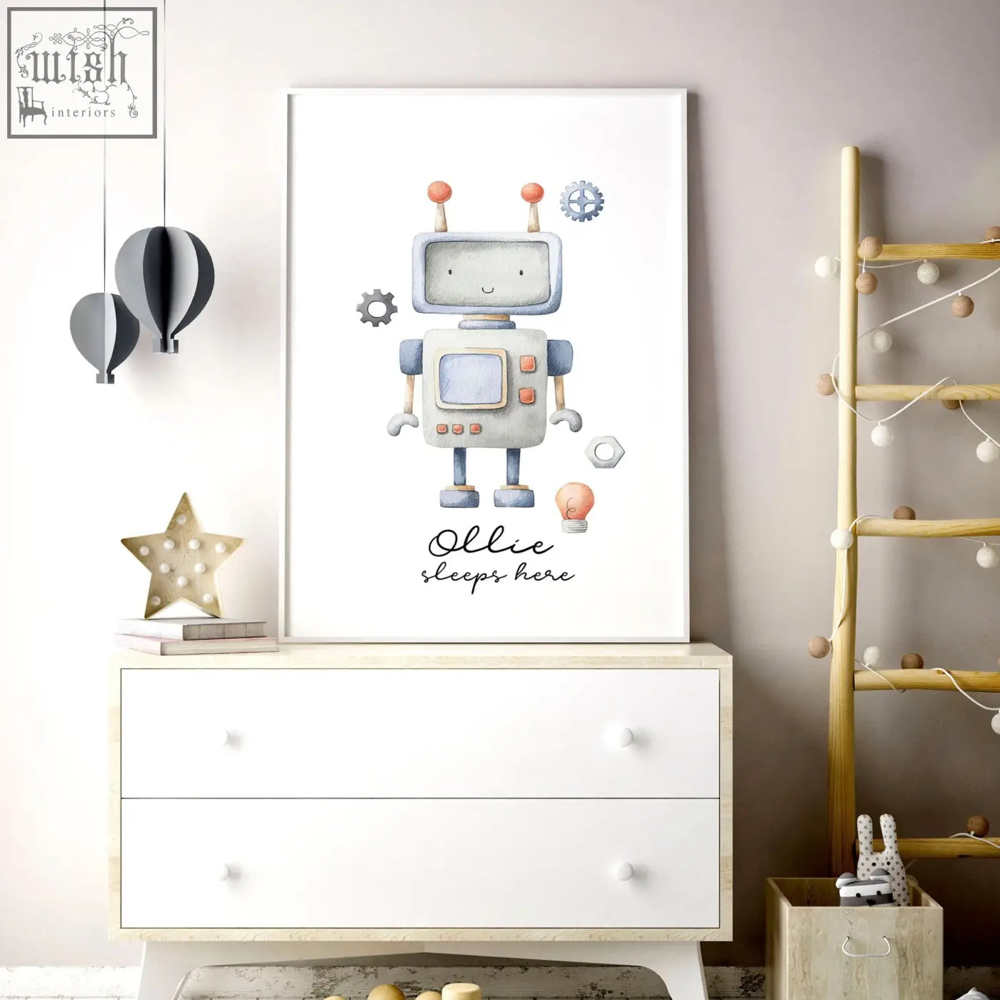 A charming wall art print of a friendly gray and peach robot with orange antennae perfect for nursery room decor