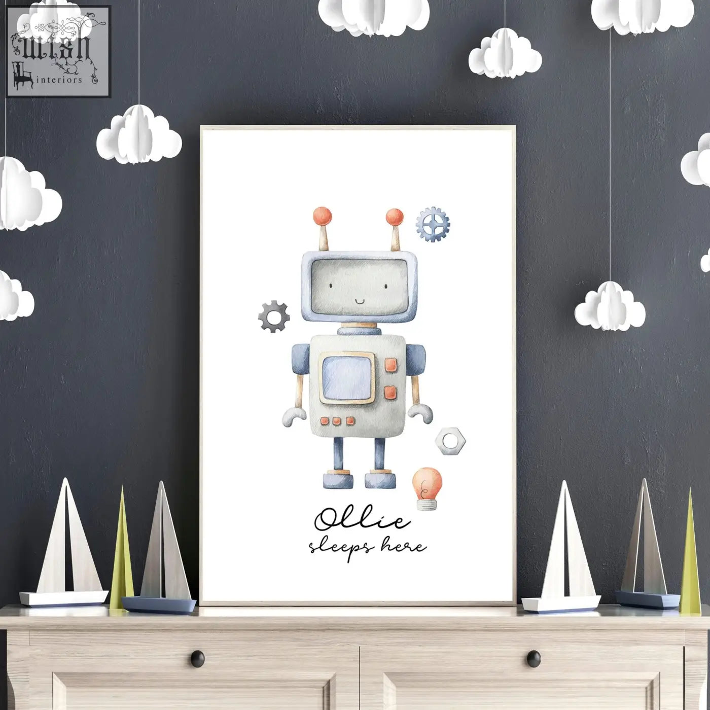 A charming nursery room decor wall art print of a friendly robot in light gray blue with orange antennae tips and gear accents