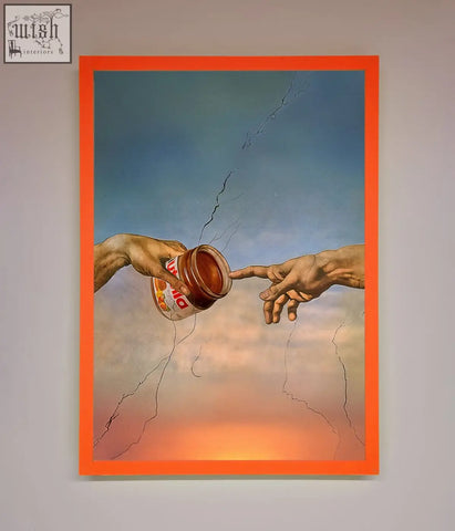 A vibrant orange framed poster of nutella of creation showing two hands reaching with jar against cracked sky frame options available
