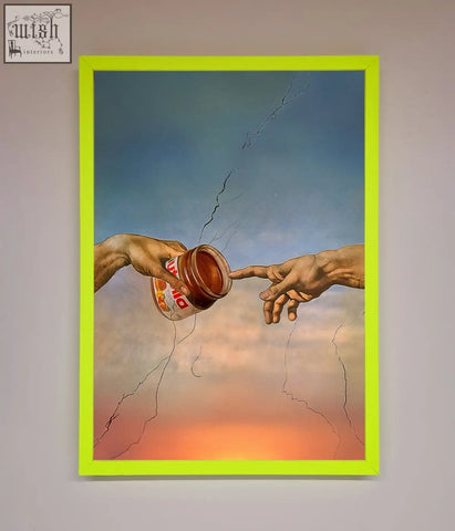 Vibrant lime green creation framed poster showing two hands reaching with a jar of nutella and frame options