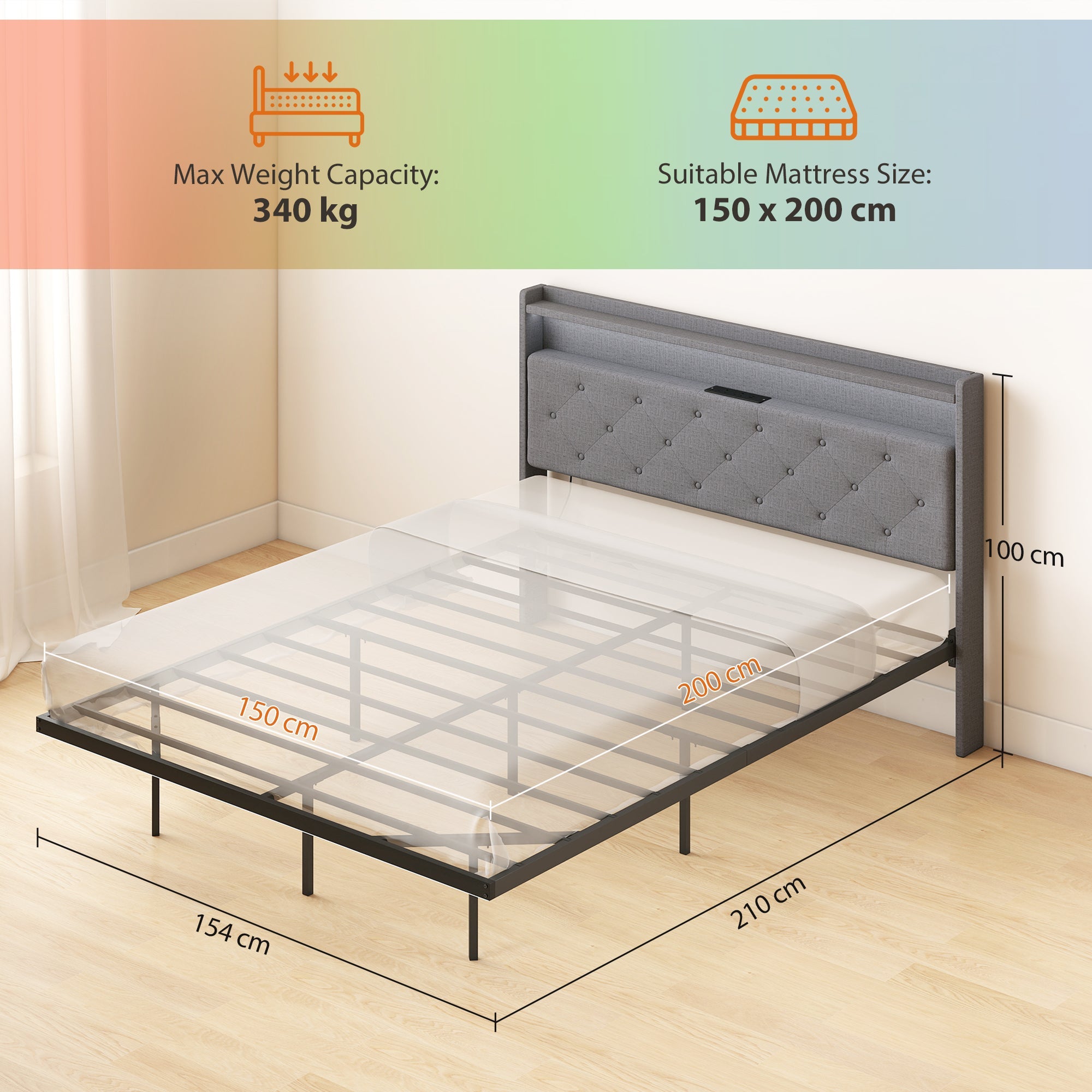 HOMCOM Floating Bed Frame, Upholstered 5ft King Size Bed, Platform Bed with RGB LED Lights and Charging Station, Grey