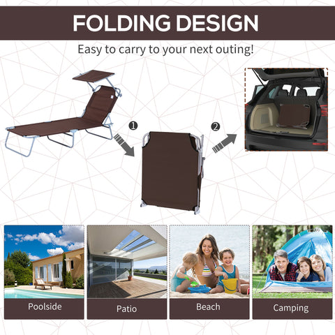 Outsunny Outdoor Foldable Sun Lounger, 4 Level Adjustable Backrest  Reclining Sun Lounger Chair with Angle Adjust Sun Shade Awning for Beach, Garden, Patio, Brown