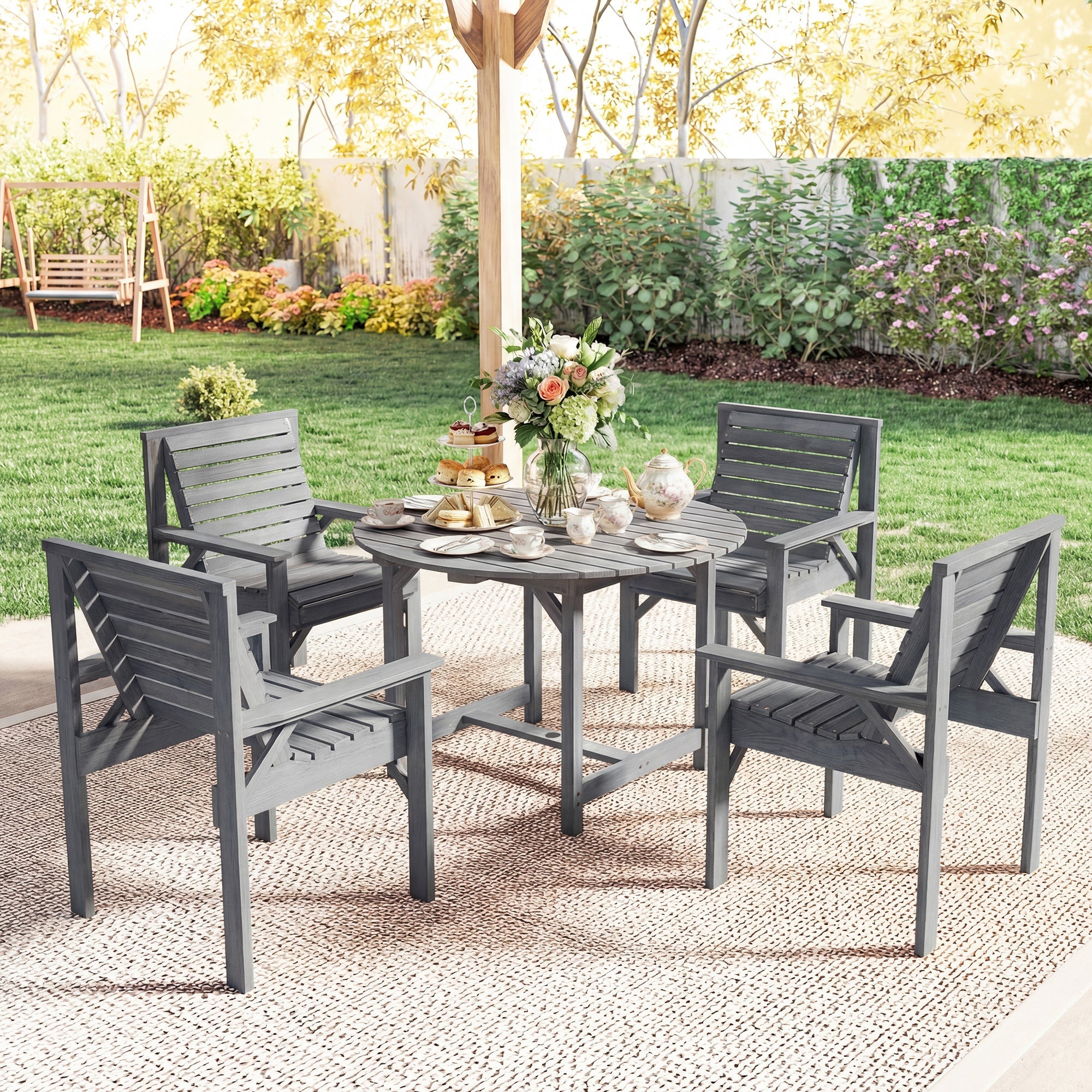 Outsunny 5 Pieces Garden Dining Set with Parasol Hole, Round Outdoor Table and Chairs, 4 Seater Wooden Garden Furniture, Grey