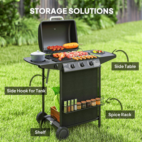 Outsunny 3+1 Burner Gas BBQ Grill, Portable Gas Barbecue Grill with Built-in Thermometer, Lid, Side Table, Shelf, Spice Rack, Wheels, Grease Cup for Garden Party Outdoor Cooking, Black