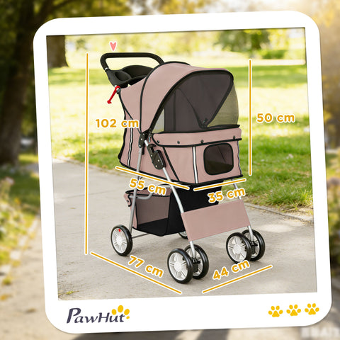 PawHut Dog Pram, Pet Stroller with Reflective Strips, Foldable Cat Stroller with 360° Swivel Wheels, Brown