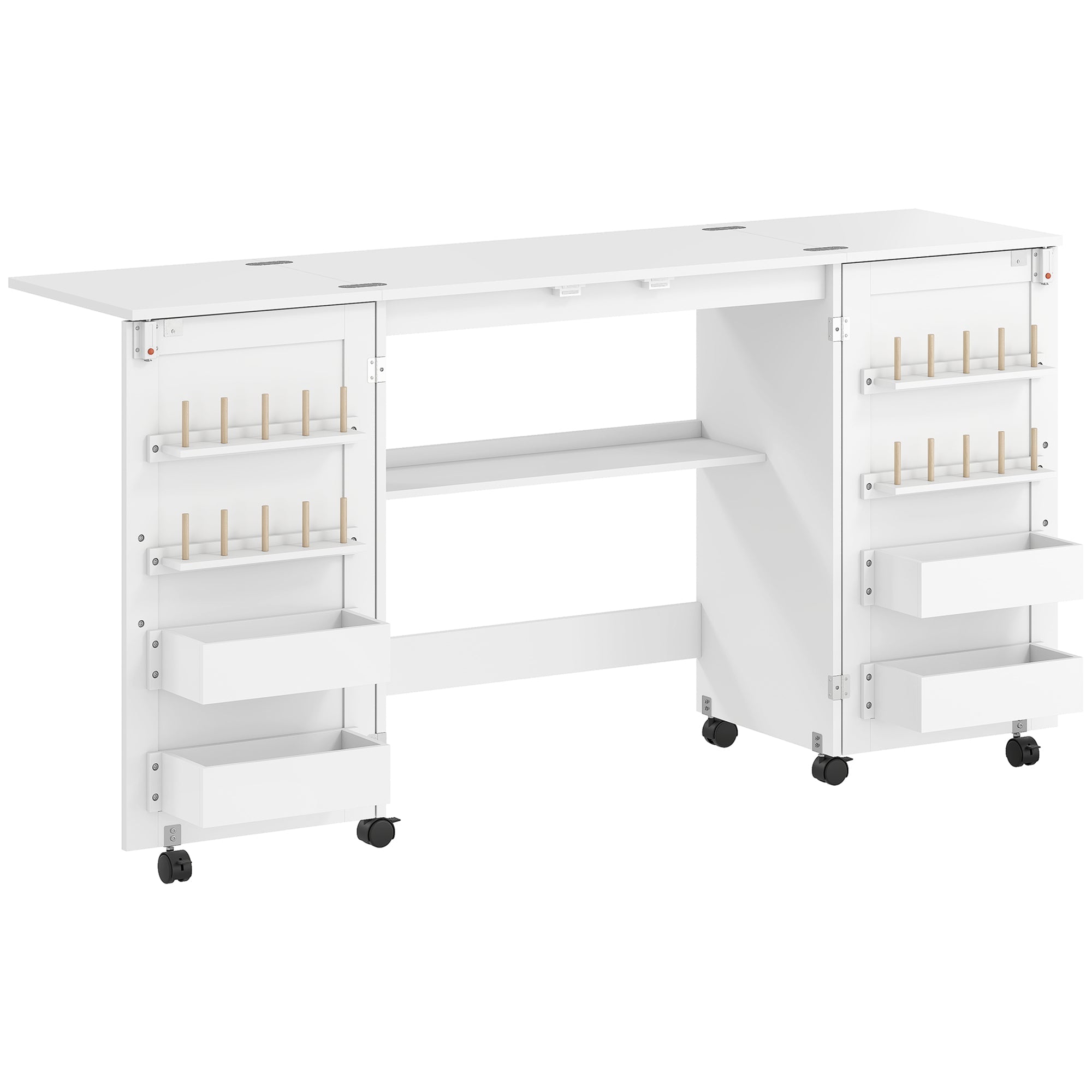 HOMCOM Folding Sewing Table with 2 Magnetic Doors, Storage Shelf, Lockable Wheels, Space Saving, White