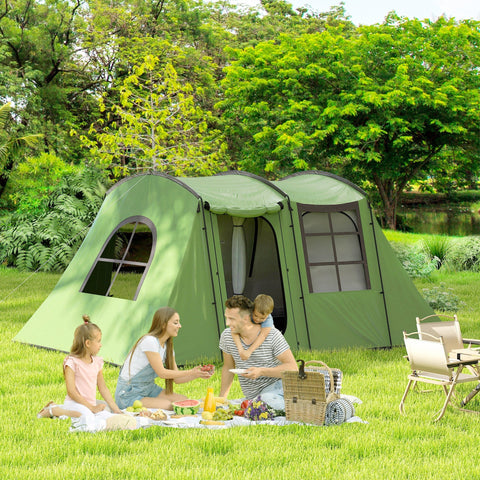Outsunny 3-4 Man Tunnel Tent, Family Camping Tent with Porch, Bedroom and Living Area, Sewn in Groundsheet, 3000mm Waterproof, Portable with Bag for Hiking, Festival, Backpacking, Green