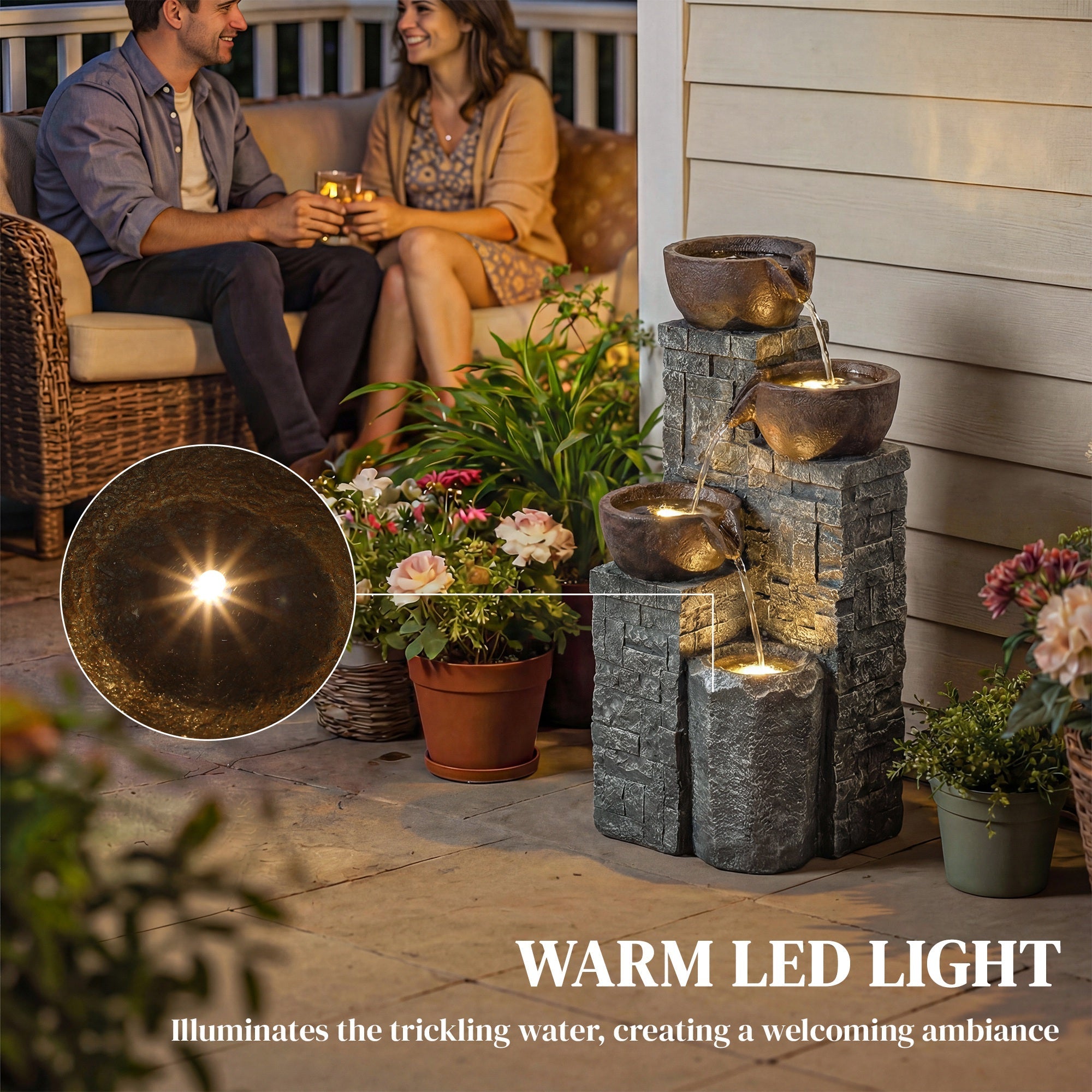 Outsunny 4-Tier Outdoor Fountain, Cascading Waterfall, Garden Fountain with LED Lights, Adjustable Flow, Grey and Rustic Brown