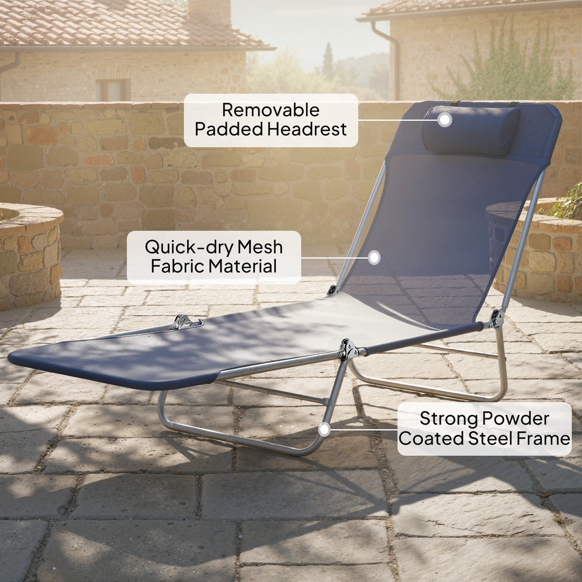 Outsunny Folding Sun Lounger with Head Pillow - Dark Blue
