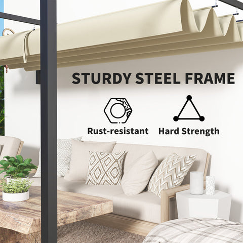 Outsunny 3 x 4m Lean To Steel Pergola, with Moving Fabric Canopy - Khaki