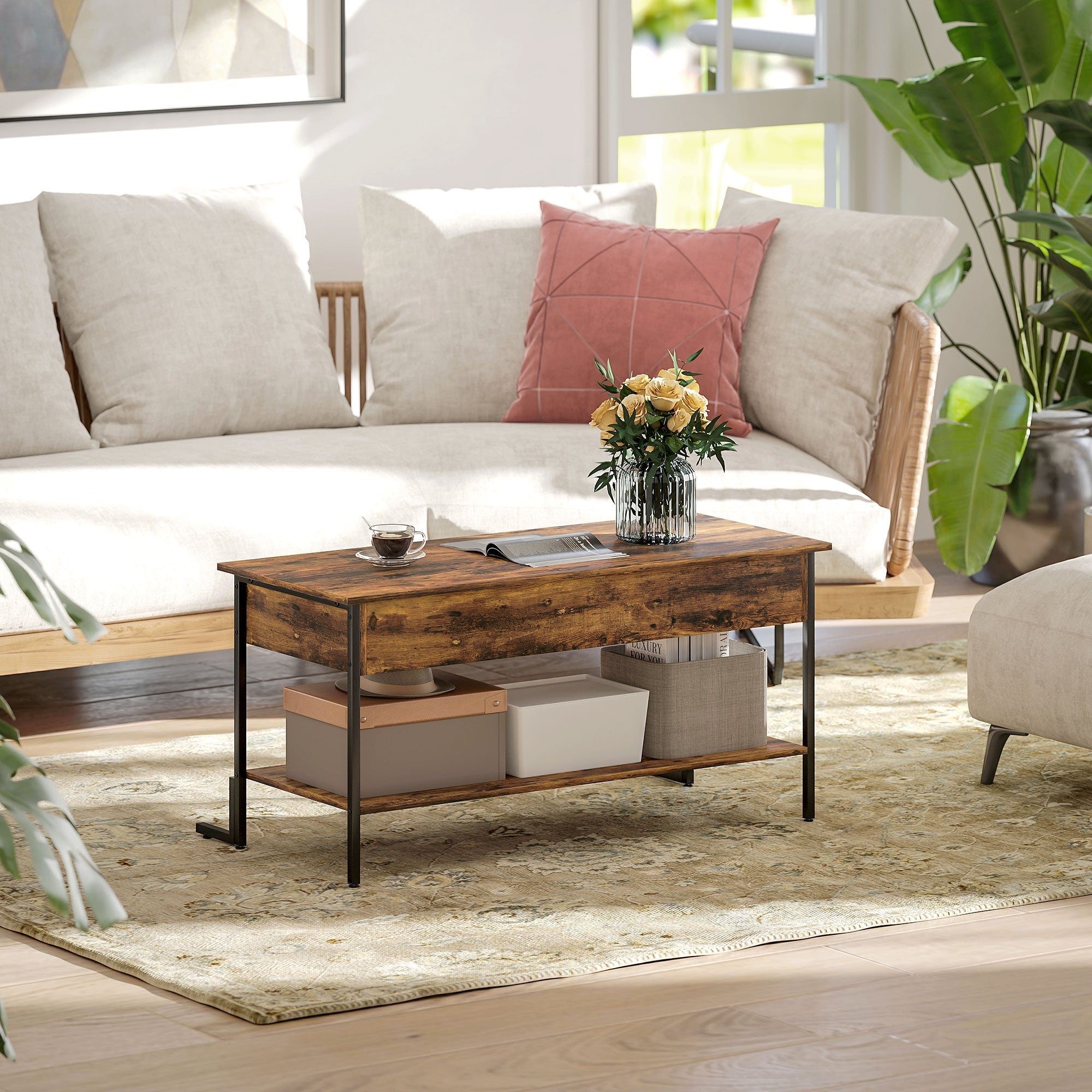 HOMCOM Lift-Top Coffee Table, with Storage - Rustic Brown