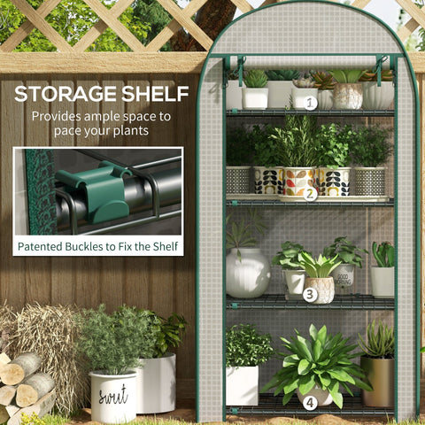 Outsunny 4 Tier Mini Greenhouse for Outdoor, Portable Gardening Plant Green House with Storage Shelf, Roll-Up Zipped Door, Metal Frame and PE Cover, 80 x 49 x 160cm, White