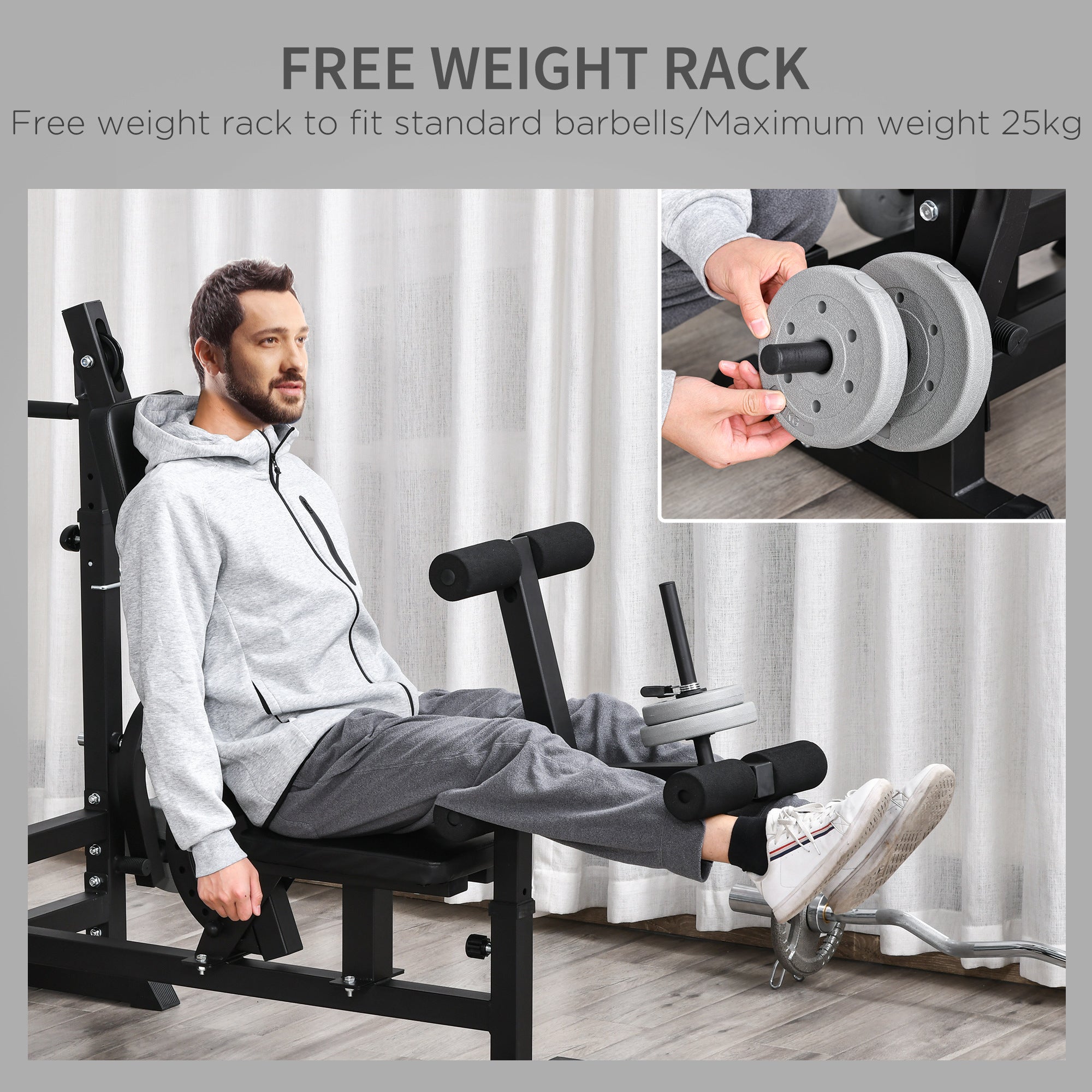 HOMCOM Weight Bench with Adjustable Barbell Rack, Leg Extension, Preacher Curl Pad and 20kg Barbell Set