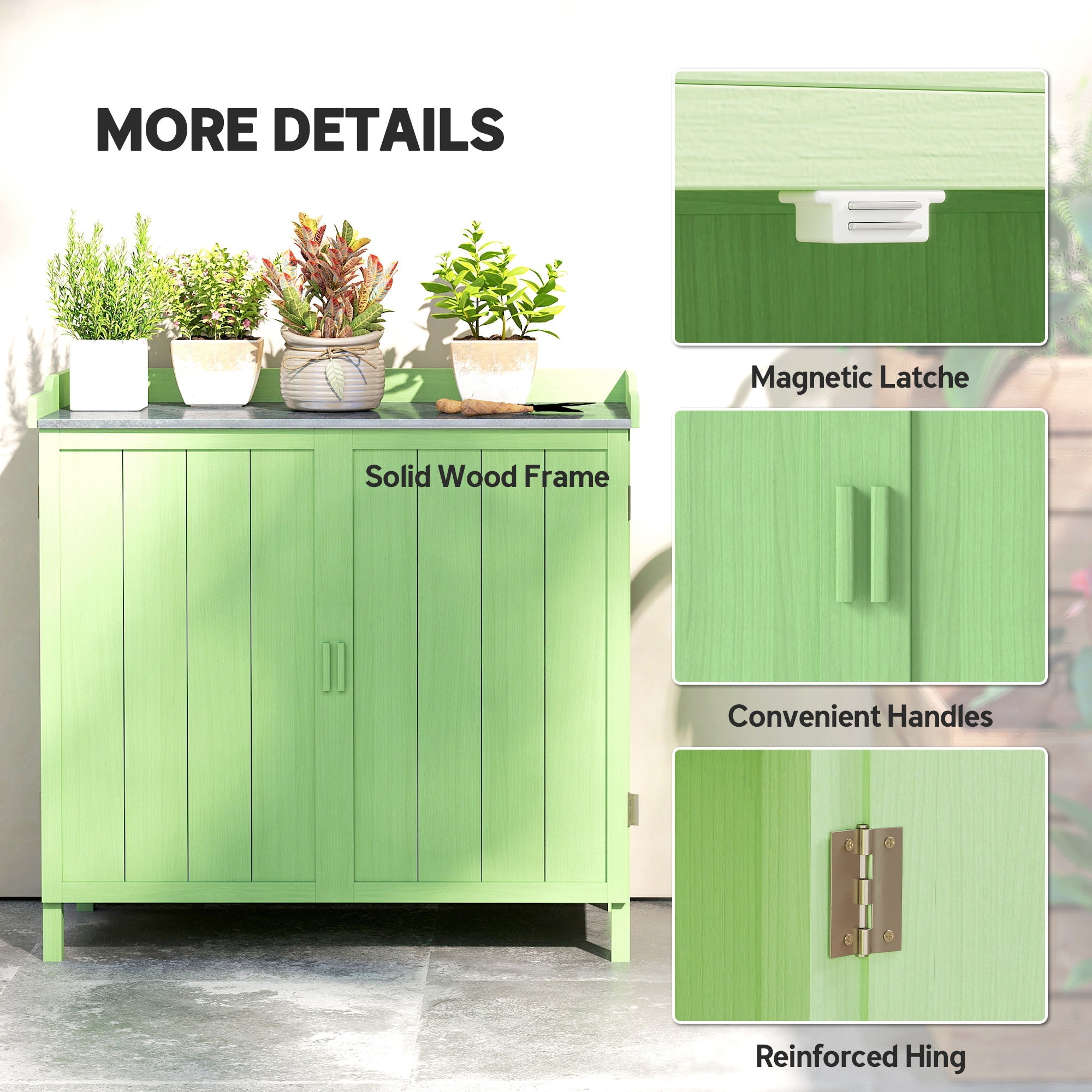 Outsunny Wood Garden Storage Cabinet, Outdoor Tool Shed, Potting Bench Table with galvanised Top and Two Shelves for garden Tools or Pool Accessories, Green