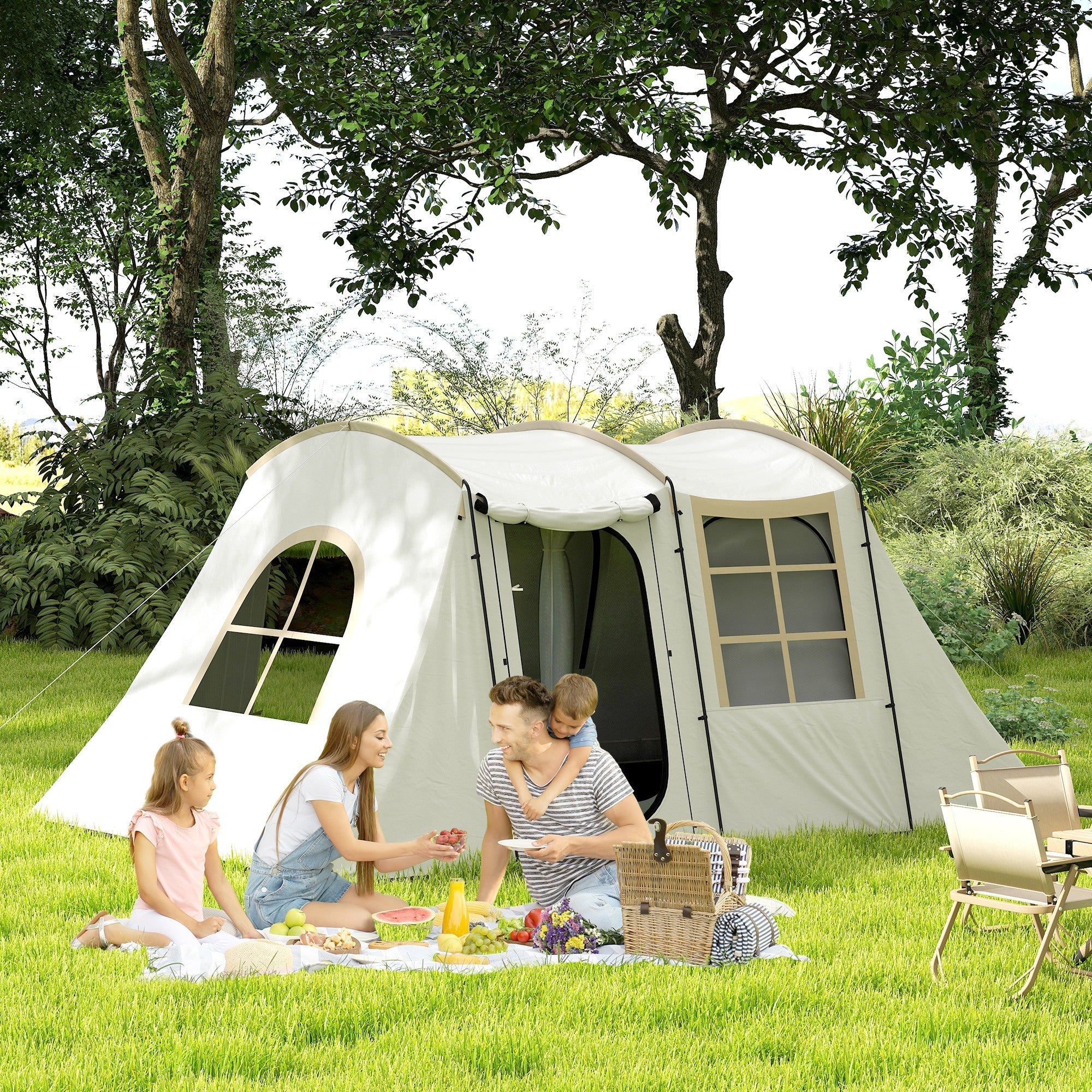 Outsunny 3-4 Man Tunnel Tent, Family Camping Tent with Porch, Bedroom and Living Area, Sewn in Groundsheet, 3000mm Waterproof, Portable with Bag for Hiking, Festival, Backpacking, Khaki
