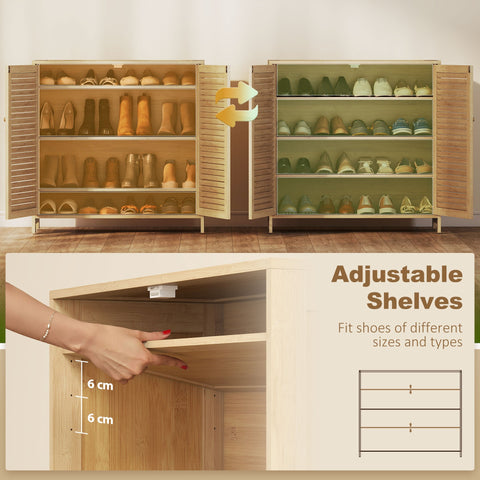 HOMCOM Bamboo Shoe Cabinet with Louvered Doors, 14 Pairs Shoe Storage Cabinet with Adjustable Shelves for Hallway, Natural