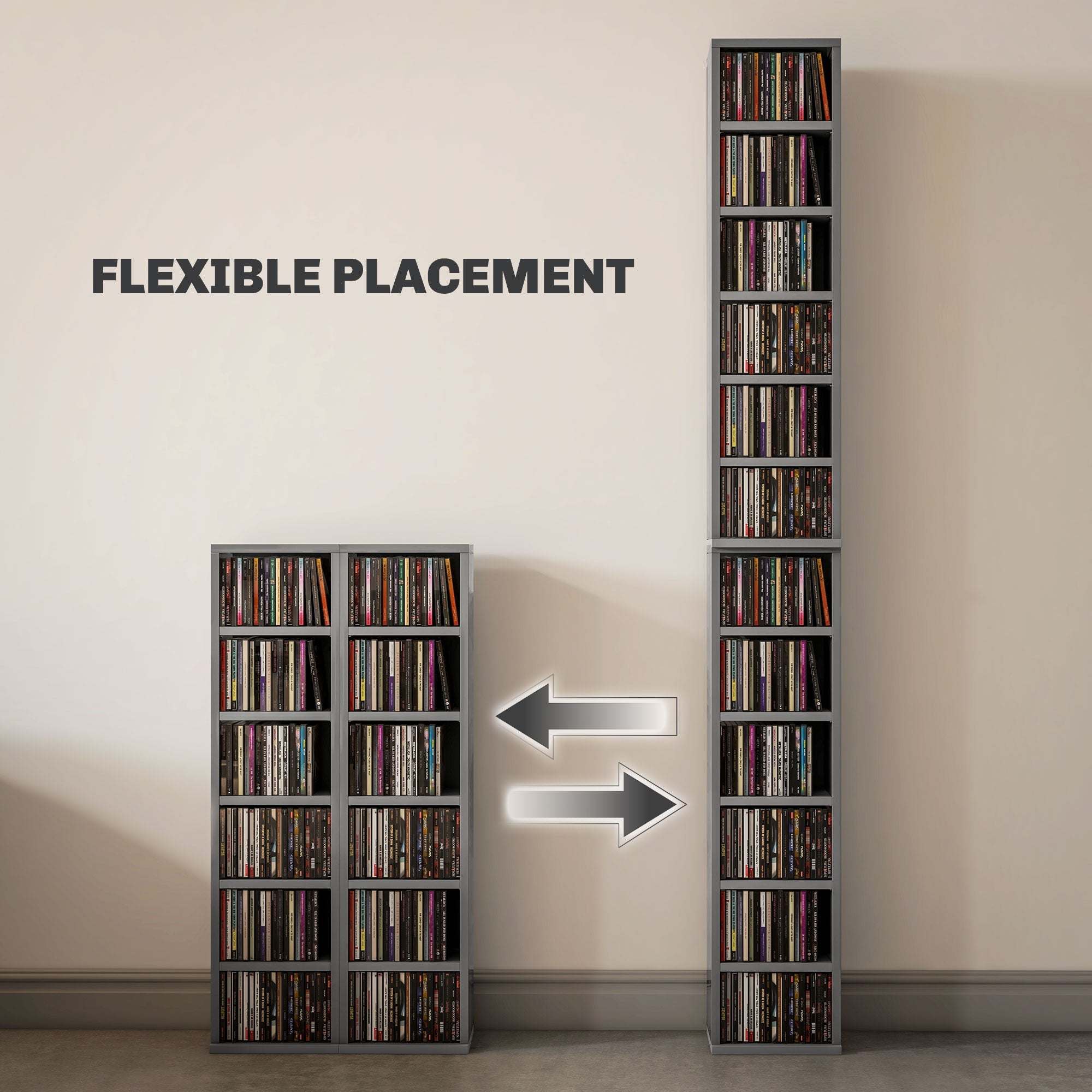 HOMCOM Set of 2 CD Media Display Shelf Unit Tower Rack with Adjustable Shelves, High Gloss Grey